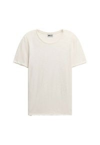 T-shirt bianco a maniche corte con scollo rotondo, realizzato in tessuto leggero, con una texture sottile e un logo sul colletto.