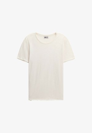 T-shirt bianco a maniche corte con scollo rotondo, realizzato in tessuto leggero, con una texture sottile e un logo sul colletto.