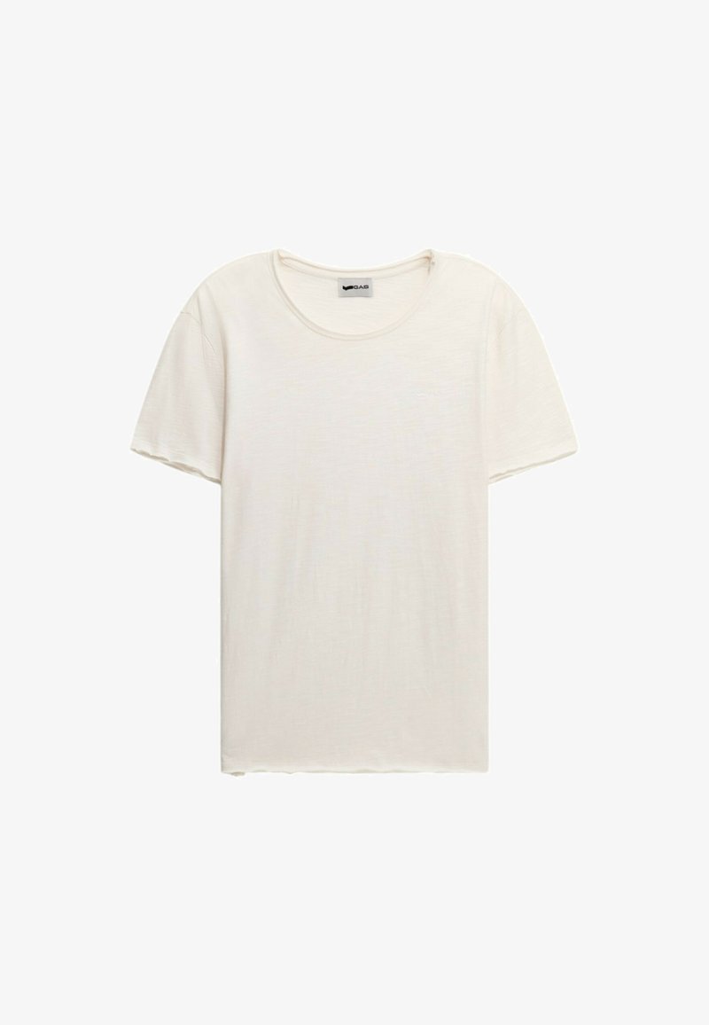 T-shirt bianco a maniche corte con scollo rotondo, realizzato in tessuto leggero, con una texture sottile e un logo sul colletto.