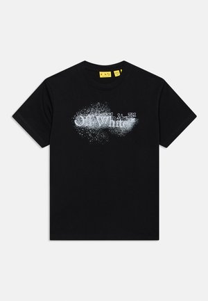 Μαύρο t-shirt με κοντά μανίκια, με λευκά στιγμάτια γραφικών και κείμενο "Off White™" τυπωμένο στο στήθος.