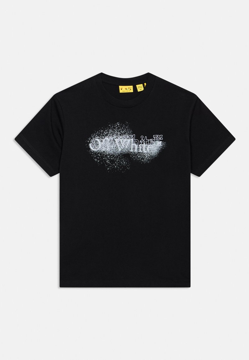 Μαύρο t-shirt με κοντά μανίκια, με λευκά στιγμάτια γραφικών και κείμενο "Off White™" τυπωμένο στο στήθος.