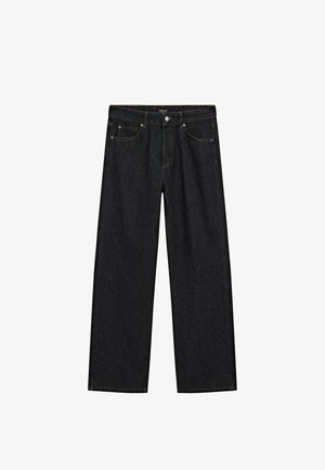 Jeans a gamba larga in denim scuro con vestibilità dritta. Caratteristiche includono due tasche frontali, tasche posteriori e dettagli in rilievo dorati.