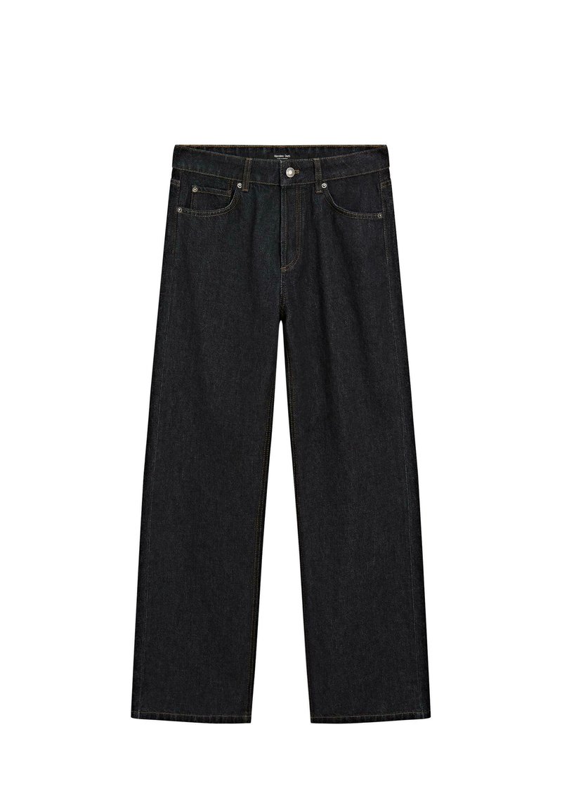 Donker denim jeans met een wijdere pasvorm, contrasterende stiksels, voorkruipzakken en een knoopsluiting bij de taille. Glad van textuur.