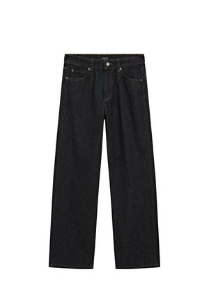 Donkerblauwe wijde jeans met een rechte pasvorm. Kenmerken zijn onder andere twee achterzakken, achterzakken en details met gouden stiksels.