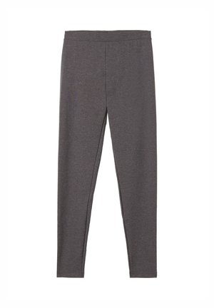 Graue Leggings aus dehnbarem Stoff, mit glatter Textur und einem einfachen, figurbetonten Design mit elastischem Bund.