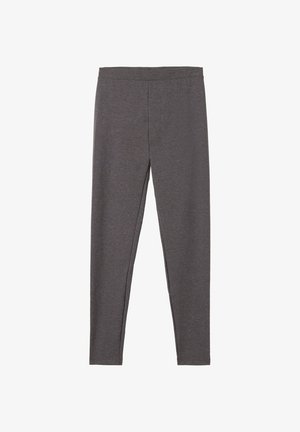 Šedé legíny vyrobené z elastického materiálu, s hladkou texturou a jednoduchým, upnutým střihem s elastickým pasem.