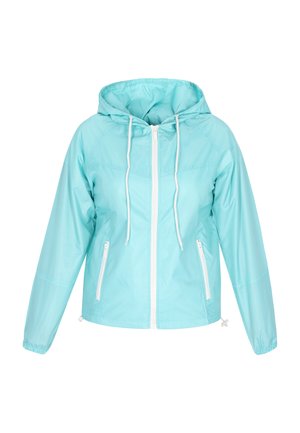 Kevyt hupullinen takki pehmeässä teal-värissä. Varusteena edessä vetoketju valkoisilla yksityiskohdilla, kaksi vetoketjullista sivutaskua ja elastiset hihansuut.