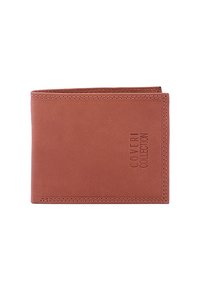 Portafoglio in pelle marrone con bordi cuciti e logo impresso "COVERI COLLECTION", dal design minimalista e struttura a due ante.