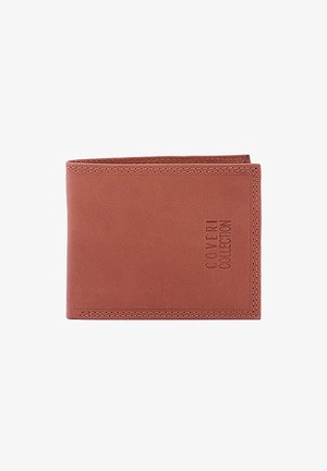 Braunes Lederportemonnaie mit genähtem Rand und geprägtem "COVERI COLLECTION"-Logo, minimalistischer Gestaltung und Doppelklappenstruktur.