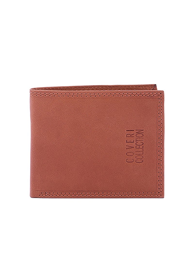 Portafoglio in pelle marrone con bordi cuciti e logo impresso "COVERI COLLECTION", dal design minimalista e struttura a due ante.