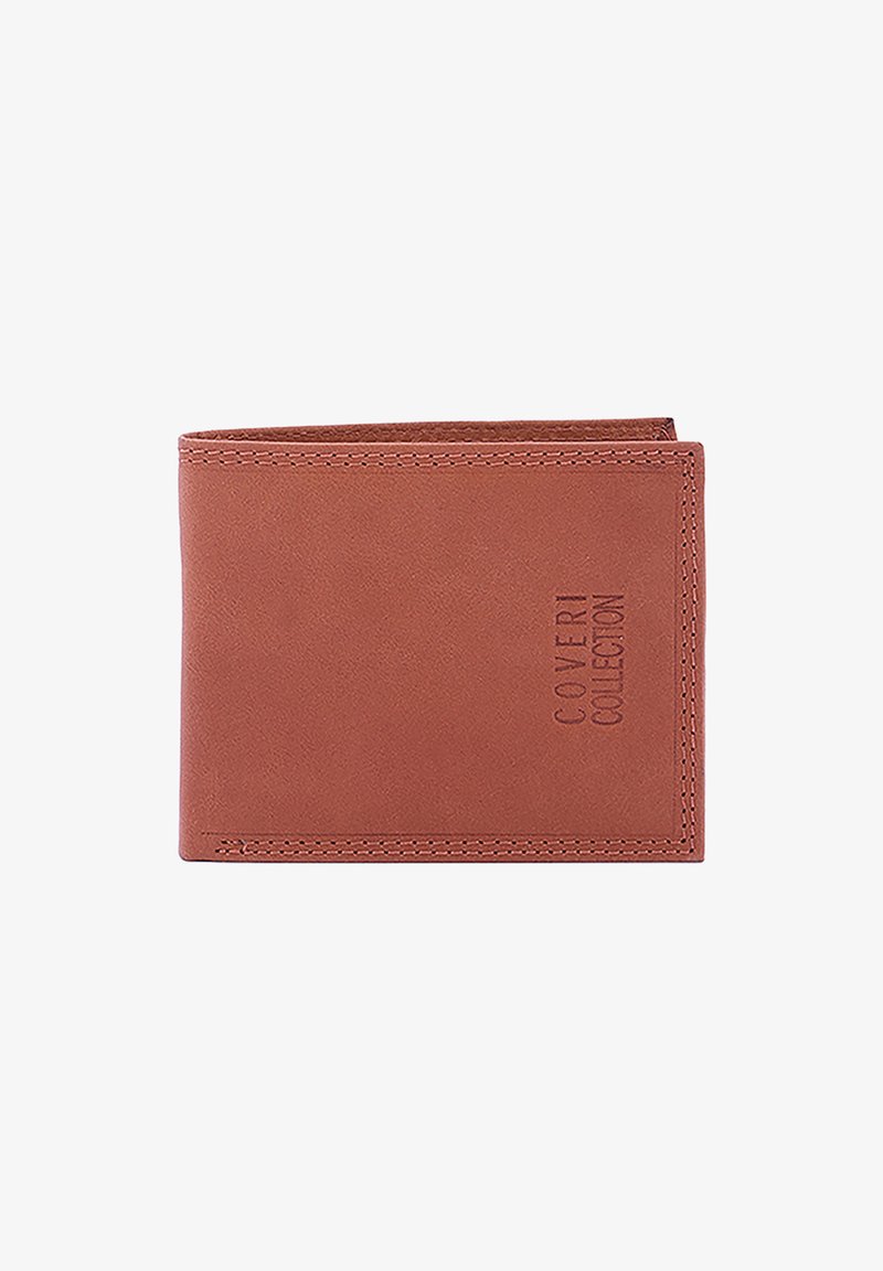 Bruine leren portemonnee met een gestikte rand en het reliëflogo "COVERI COLLECTION", met een minimalistisch ontwerp en een bifold-structuur.