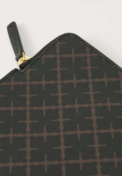 Black and brown zippered wallet featuring a textured material with a geometric pattern, gold hardware, and a black zipper pull.