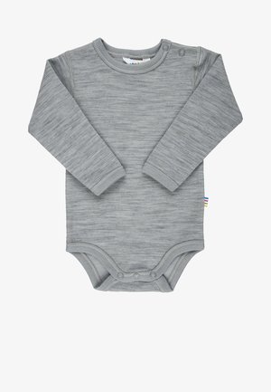 Gray long-sleeve bodysuit in soft, textured fabric. Features snap closures at the shoulder and bottom, with a multicolored tag on the side.