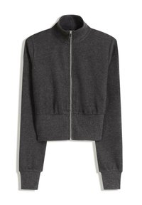 Maglione corto con zip, a maniche lunghe, di colore grigio scuro, con collo alto e polsini e vita a coste.