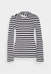 Gestreiftes Langarmshirt in Marineblau und Weiß mit rundem Ausschnitt, gerippter Textur und einem dekorativen Knoten an der linken Schulter.