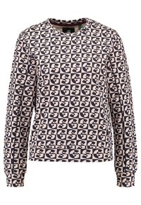 Langarm-Sweatshirt aus einem weichen Stoff, mit einem sich wiederholenden geometrischen Muster in Marineblau auf einem hellrosa Hintergrund. Rundhalsausschnitt und gerippte Bündchen.