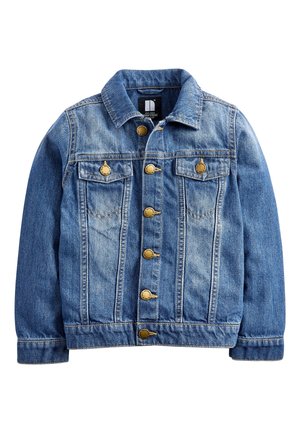 Veste en jean bleu avec fermeture à boutons devant, deux poches poitrine avec rabats, manches longues et col, présentée sur fond blanc.