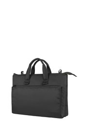 Zwarte laptoptas van duurzaam materiaal, met twee handvatten aan de bovenkant, een voorvak met ritssluiting en een strakke, gestructureerde uitstraling.