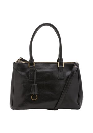 Borsa a mano nera in pelle con doppi manici, zip dorata e tracolla staccabile, dotata di un piccolo cartellino in pelle sospeso con un anello dorato.