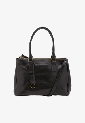 Schwarze Lederhandtasche mit doppelten Griffen, goldfarbendem Reißverschluss und abnehmbarem Schultergurt, ausgestattet mit einem kleinen hängenden Lederetikett mit einem goldenen Ring.