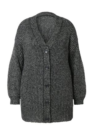 Grober Strickcardigan in Schwarz und Weiß, mit V-Ausschnitt, langen Ärmeln und fünf großen schwarzen Knöpfen an der Vorderseite. Texturiertes Material.