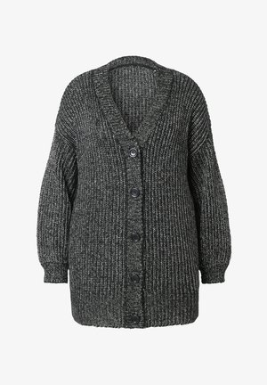 Cardigan lavorato a maglia spesso in bianco e nero, con scollo a V, maniche lunghe e cinque grandi bottoni neri sul davanti. Tessuto testurizzato.