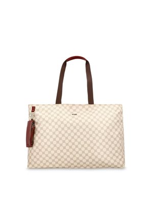 Beige tote bag with a geometric pattern, brown handles, and a red accent. Features a zipper pocket and detachable keychain holder.
