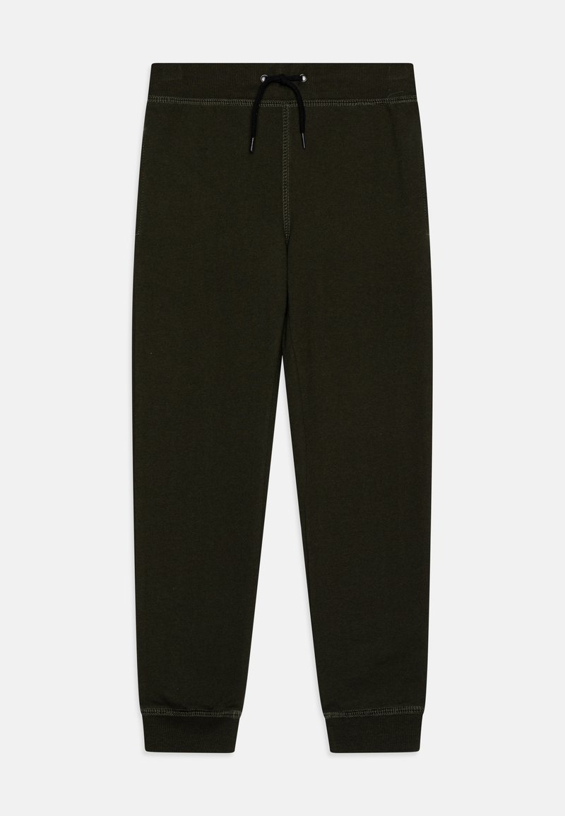 Pantalons de survêtement vert foncé en coton doux, dotés d'une taille élastique avec cordon de serrage et de poignets ajustés aux chevilles.