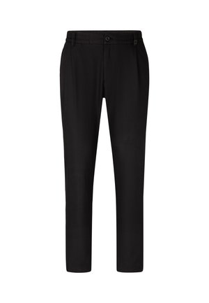 Black trousers with a straight leg design, featuring a button closure and stitched waistband details. Smooth fabric texture.