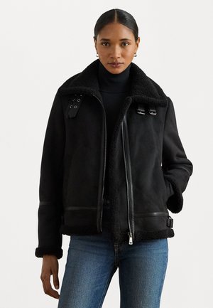 BUCKLE-TRIM FAUX-SUEDE JACKET - Giacca in similpelle - black
