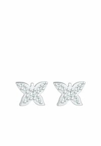 Pendientes de aro en forma de mariposa plateada, decorados con cristales transparentes, con una forma detallada y una textura suave, ideales para el uso diario.
