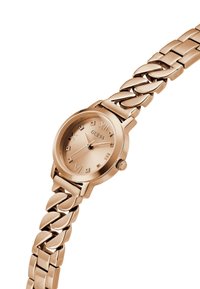 Rose gold watch featuring a round dial with Roman numerals and crystal accents, linked bracelet with a smooth finish and polished texture.