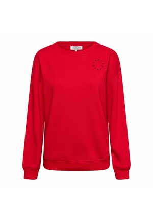 Rode sweatshirts gemaakt van een katoenmengsel, met een ronde hals, verlaagde schouders en een klein zwart rond logo op de bovenkant links.