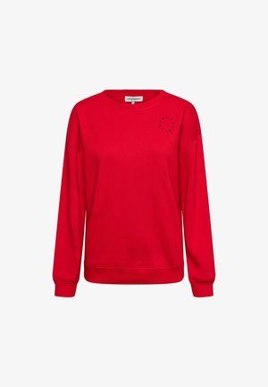 Rode sweatshirts gemaakt van een katoenmengsel, met een ronde hals, verlaagde schouders en een klein zwart rond logo op de bovenkant links.