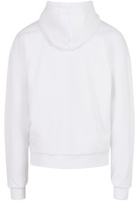 White cropped hoodie with a soft texture, hood, and long sleeves. Features ribbed cuffs and hem for a secure fit. Minimalist design.