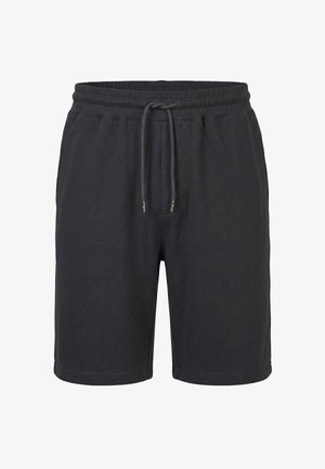 Shorts noirs mi-longs décontractés avec ceinture élastique et cordon de serrage ajustable, conçus pour le confort et le port quotidien.