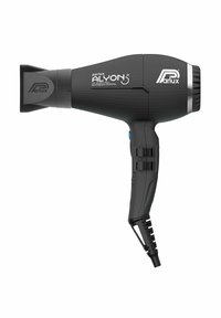 Zwarte föhn met een matte afwerking, gestroomlijnde vorm, ant bacteriële technologie label en knoppen aan de zijkant; beschikt over een mondstuk met een ruitpatroon.