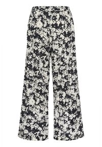 Pantalons larges à motifs floraux en noir et blanc, dotés d'une taille élastique, d'un tissu léger et d'un motif de fleurs abstraites audacieux.