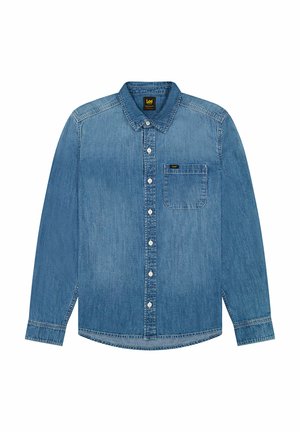 Blauwe denim overhemden met lange mouwen, een gespreide kraag en een borstzak. Kenmerkt zich door klassieke stiksels en een ronde zoom.