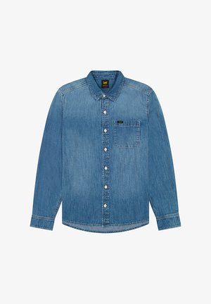 Blå denimskjorta med knäppning, långa ärmar, spridd krage och bröstficka. Funktioner klassisk sömnad och rundad nederkant.