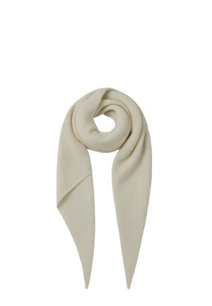 Soft cream-colored knitted scarf folded with a loop at the top and pointed ends hanging down.