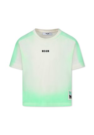 T-shirt cropped di colore bianco con effetto sfumato verde, presenta il logo MSGM nero sul petto e un ulteriore logo sul lato sinistro. Tessuto morbido, maniche corte.