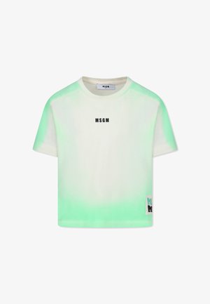 T-shirt cropped di colore bianco con effetto sfumato verde, presenta il logo MSGM nero sul petto e un ulteriore logo sul lato sinistro. Tessuto morbido, maniche corte.