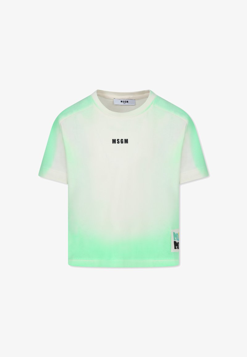 T-shirt cropped di colore bianco con effetto sfumato verde, presenta il logo MSGM nero sul petto e un ulteriore logo sul lato sinistro. Tessuto morbido, maniche corte.