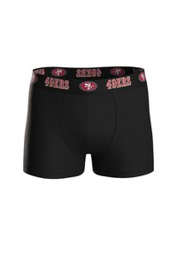 Boxers negros con cintura elástica que presentan el logotipo y emblema "49ERS" en rojo y dorado. Tela suave con un diseño ajustado.