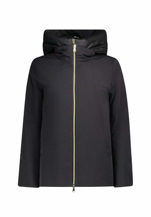 Zwarte hoodie-jack met een volledige ritssluiting aan de voorkant, gemaakt van glad materiaal, met een casual snit en zonder zichtbare logo's of patronen.