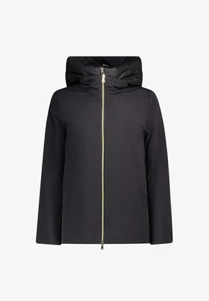 Veste à capuche noire avec une fermeture éclair sur toute la longueur à l'avant, fabriquée en matériau lisse, avec une coupe décontractée et sans logo ni motif visible.