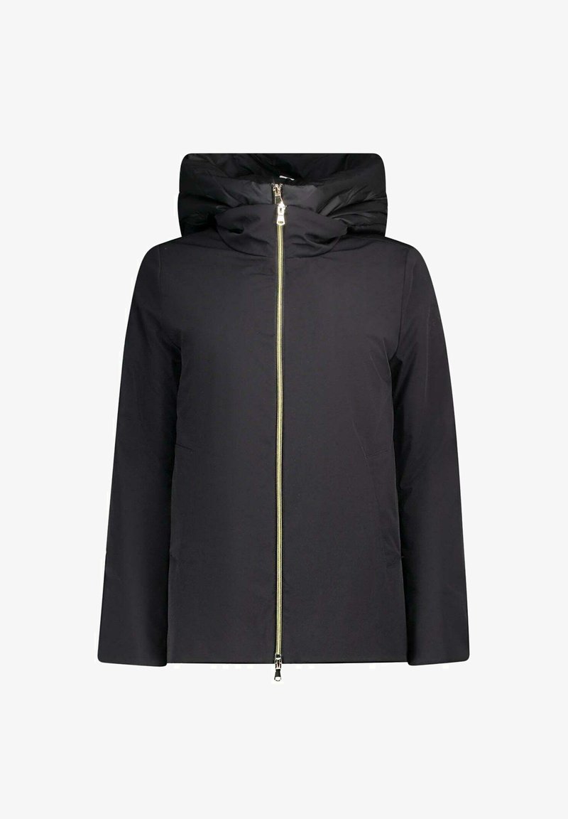 Giacca nera con cappuccio, dotata di una cerniera frontale a tutta lunghezza, realizzata in materiale morbido, con un taglio casual e senza loghi o motivi visibili.