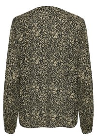 Blusa a maniche lunghe in tessuto scuro con un motivo floreale e astratto beige. Texture morbida con una vestibilità comoda e scollo arrotondato.