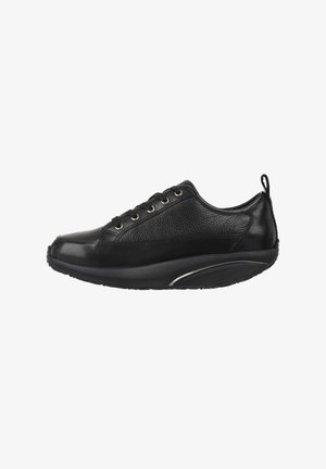 Black athletic shoes with a textured leather upper, round toe, and five eyelet lace-up design. Features a cushioned sole and a pull tab at the back.